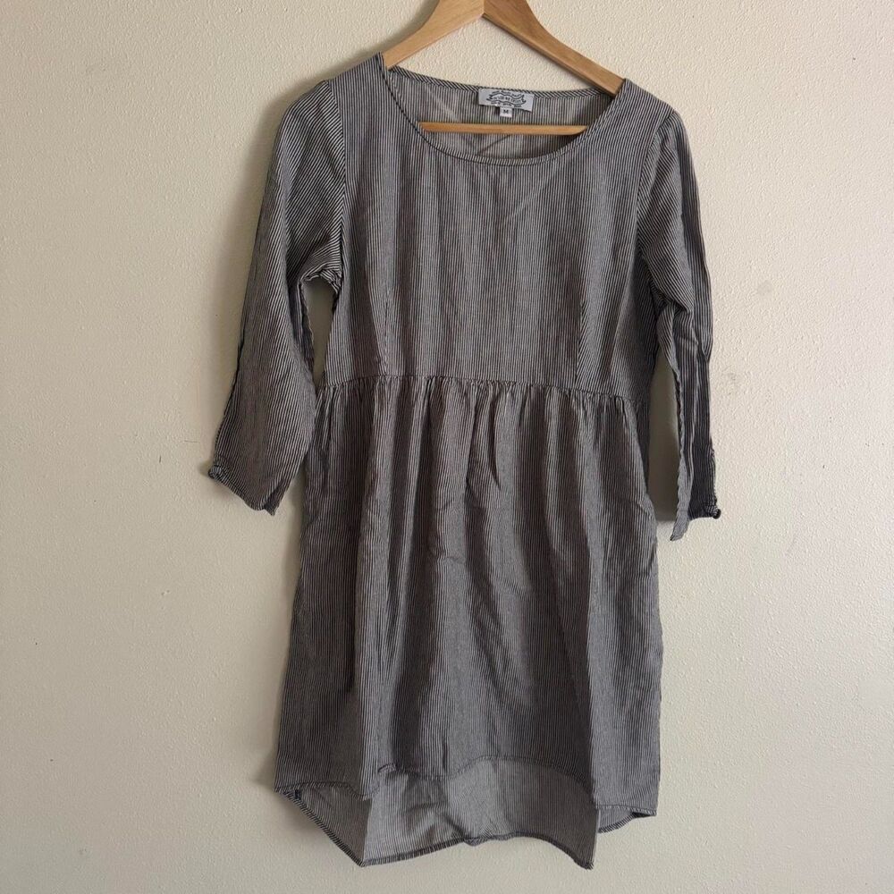 In God We Trust Long 3/4 Sleeve Hickory Stripe Babydoll Cotton Linen Mini Dress